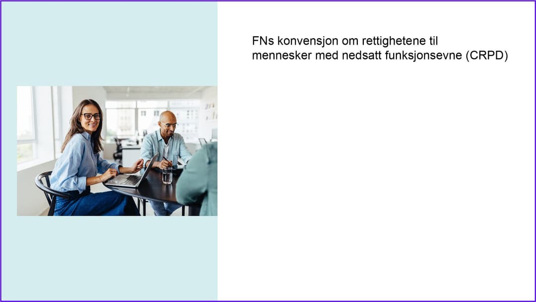 Tekst i bildetFNs konvensjon om rettighetene til mennesker med nedsatt funksjonsevne (CRPD)