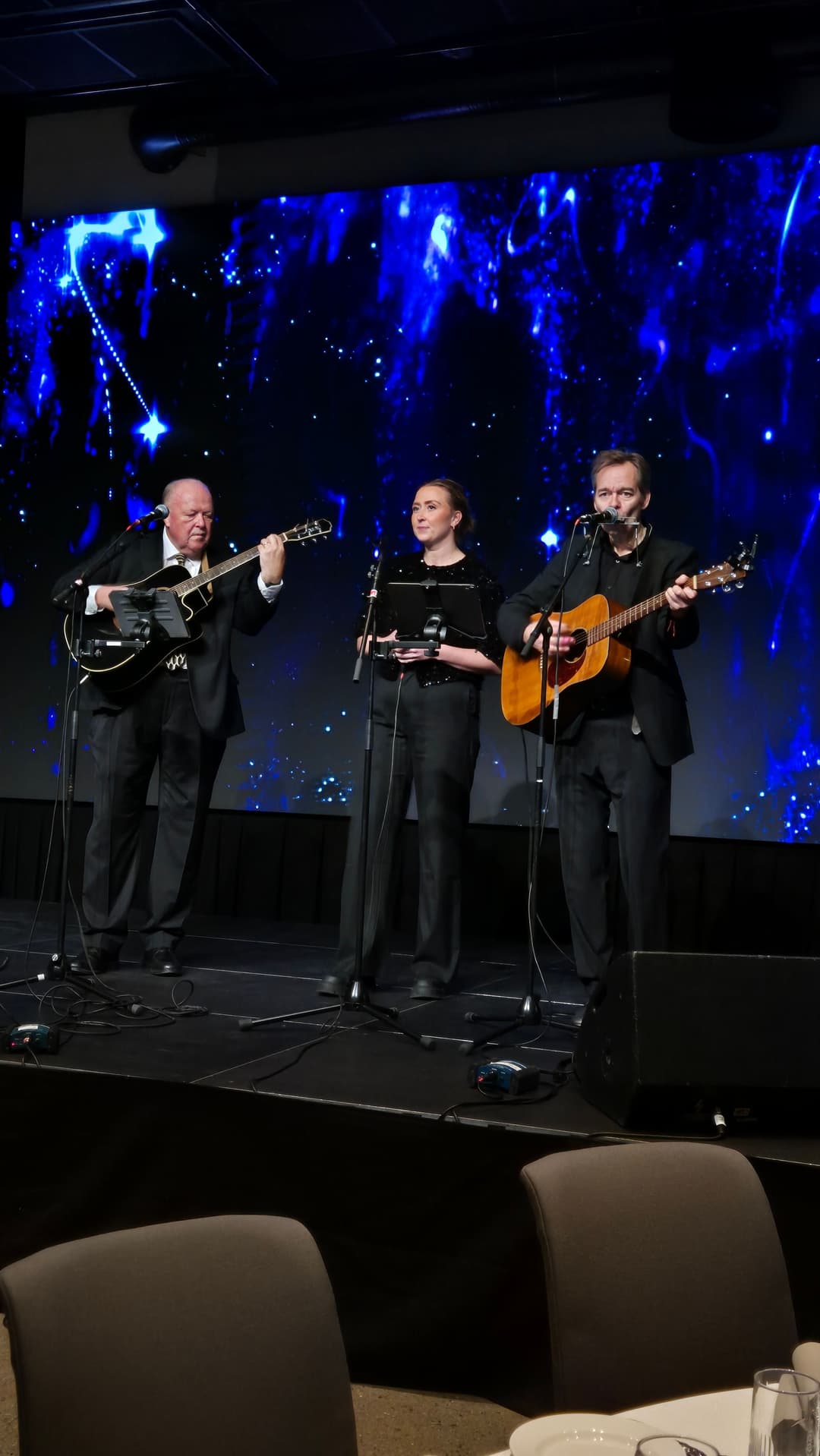 Tre personer står på en scene og framfører musikk foran en stor forsamling. Alle er festkledde. To av personene spiller på hver sin gitar. Bak musikkgruppa er det en bakgrunn som skal forestille en stjernehimmel.
